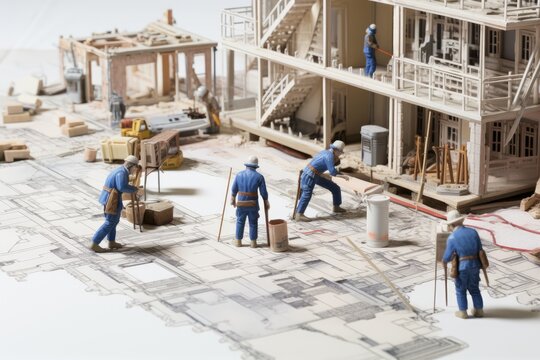 Miniature people : Construction workers working on construction site with model house