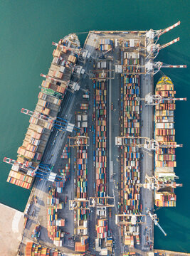 Aerial vertical view taken by drone of cargo port of La Spezia, Liguria district