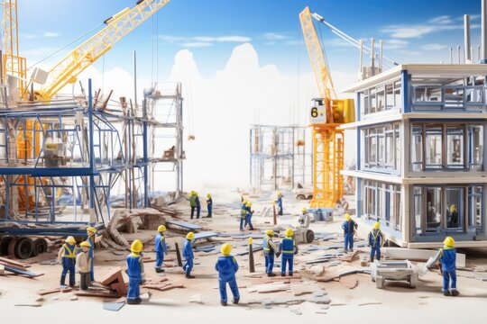 Construction site with cranes and workers. 3d render illustration.