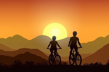 Fototapeta na wymiar Backpacker family ride a bike on the road at sunset go to the mountain, behind view, silhouette, AIi generated