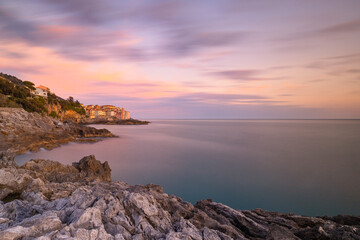 Long exposure to capture the sunset light near to Tellaro village, on a winter day, La Spezia province, Liguria district