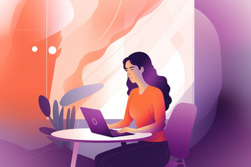 Illustration of a long-haired woman working on her laptop. ia generate