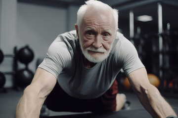 Older white-haired man exercising. ia generate