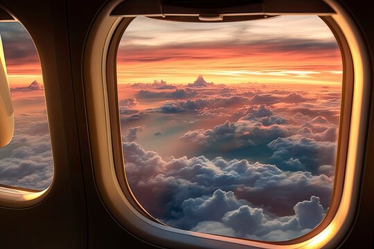 View from Airplane Window at Sunset. Calm and Sleepy Mood in Air Travel Concept. Dark Atmospheric Toned Photo. 
Created using generative AI tools