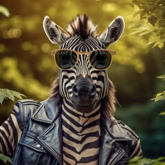 Naklejka premium Portrait of a fashionable zebra horse in a black leather rocker jacket and sunglasses, standing and looking at the camera against the backdrop of tropical foliage, created by AI