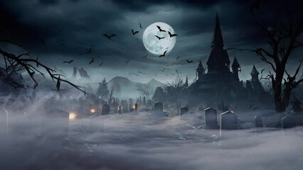 Halloween illustration featuring a spooky house surrounded by bats and a misty graveyard. A full moon adds to eerie ambiance, creating a sense of mystery and horror. Concept of a scary haunted house. - Powered by Adobe