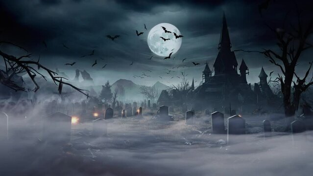Halloween illustration featuring a spooky house surrounded by bats and a misty graveyard. A full moon adds to eerie ambiance, creating a sense of mystery and horror. Concept of a scary haunted house.