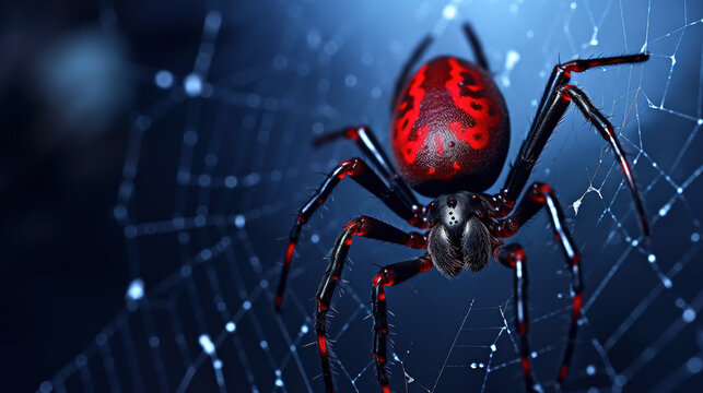 Close-up of a black widow spider on its intricate web. Generative Ai.