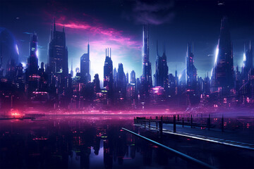 Fototapeta na wymiar futuristic cyberpunk city in nigh