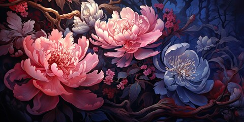 AI Generated. AI Generative. Asian Chinese floral plant flower pattern. Traditional culture vintage retro classic abstract background decoration. Graphic Art