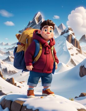 3D cartoon style fat boy in mountaineering suit against the backdrop of beautiful snowy mountains.generative AI