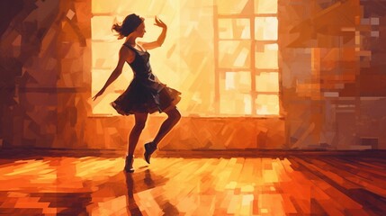 A girl dancer in a dance school in a ballroom dance class practices movements. Large spacious room. AI-generated watercolor style illustration