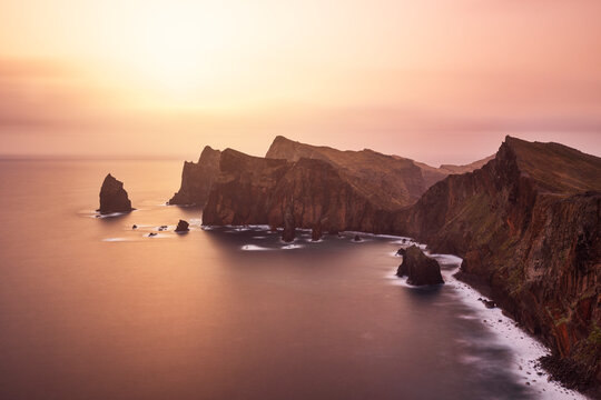 Long exposure to capture the sunrise light at Sao Lourenco Peninsula on a spring day, Madeira, Portugal, Atlantic