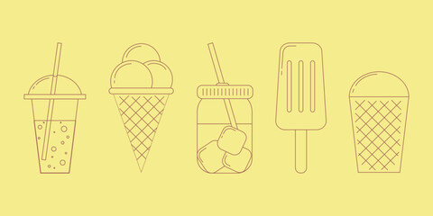 Summer icons. Set of five vector illustrations. Sweets and drinks. Flat design.