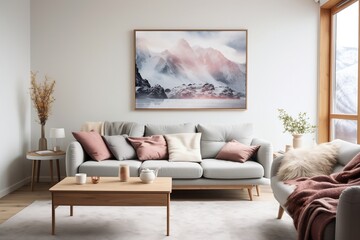 A living room filled with furniture and a painting on the wall. AI