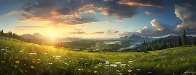 Beautiful landscape with flowering meadow, green hills with trees, river and mountains on horizon against sunrise and blue sky with clouds illustration banner format picture Generative AI