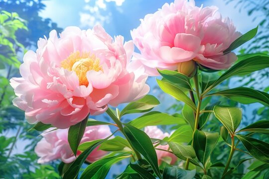 Beautiful pink peonies with green leaves and blue sky photo, flower illustration garden flowers for postcard decor wallpaper book Generative AI