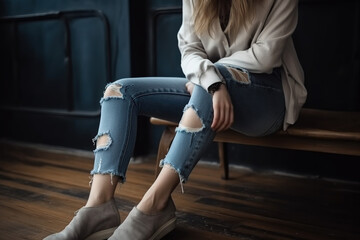 Seated woman half-length view, with torn jeans. ia generate