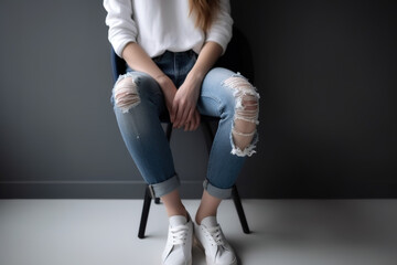 Seated woman half-length view, with torn jeans. ia generate