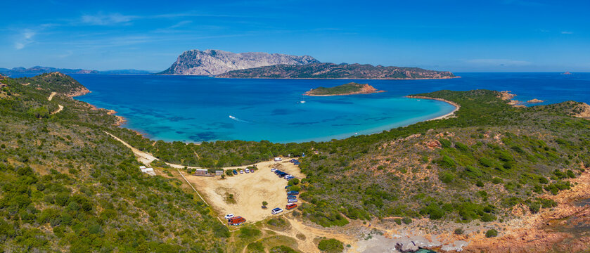 Aerial view of Capo Coda Cavallo and Isola Di Tavolara in the background, Olbia, Sardinia