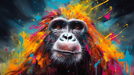 Vibrant Feline Strokes: Neon Oil Painting of a Ape in Expressive Brushwork