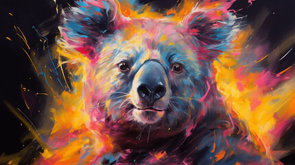 Vibrant Feline Strokes: Neon Oil Painting of a Koala in Expressive Brushwork