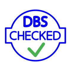 DBS Checked icon. Round stamp with check mark inside. Disclosure and Barring Service.