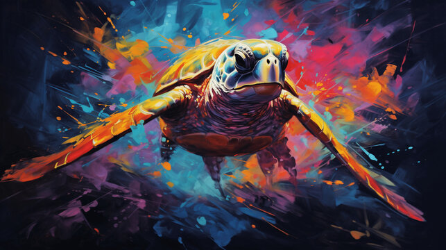Vibrant Feline Strokes: Neon Oil Painting of a Turtle in Expressive Brushwork