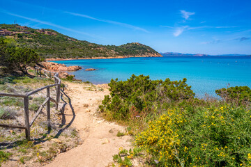 View of Capo Coda Cavallo beach from elevated position, Sardinia