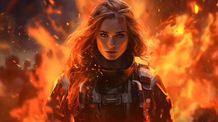 Female Fire Fighter surrounded by flames. Generated with ai.