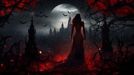 Woman in red dress at graveyard, halloween motive, generated with ai - obrazy, fototapety, plakaty