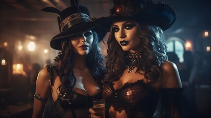 Two women dressed up in costumes at a club. Generated with ai.