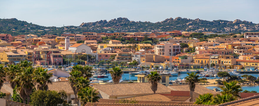 Elevated view of Church of Our Lady of Grace and Palau town, Palau, Sardinia