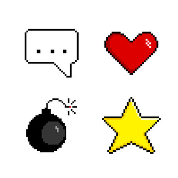 Pixel vector set icons for game, retro style.