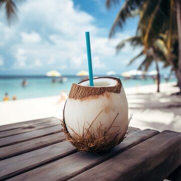 Fondo veraniego en una playa con bebida tropical. Generado por IA.