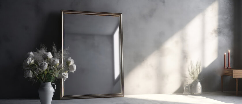 Loft,modern interior mockup with empty frame,decorative elements on concrete textured wall with bouquet flowers.Still life.Luxury hotel resort background. Vacation template.Minimal.Generative ai