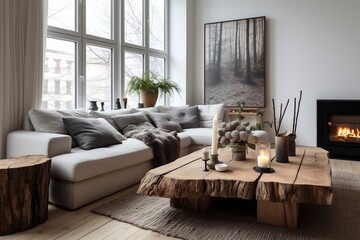 A cozy living room with a comfortable couch and a stylish coffee table. AI
