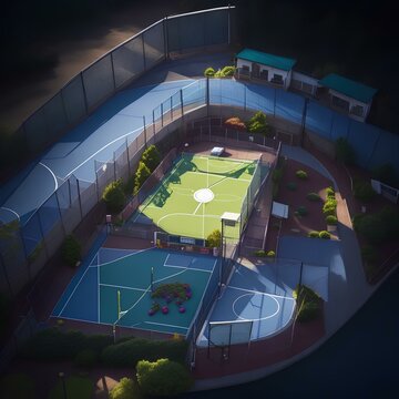A tennis court with a beautiful design, pictured from above
