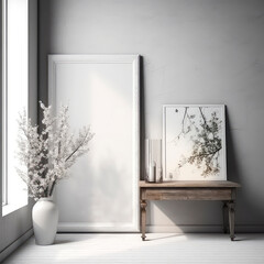 Loft,modern interior mockup with empty frame,decorative elements on concrete textured wall with bouquet flowers.Still life.Luxury hotel resort background. Vacation template.Minimal.Generative ai