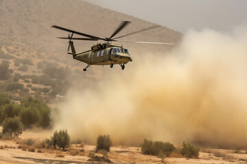 Helicopter in the desert at sunset. Shallow depth of field. - obrazy, fototapety, plakaty