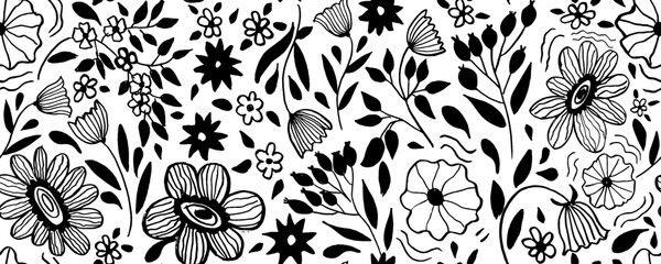 Vector floral pattern in doodle style with flowers and leaves. Gentle, spring floral background.