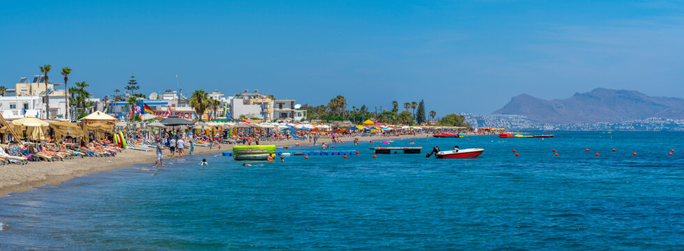 View of Lambi Beach and Turkey visible in background, Kos Town, Kos, Dodecanese, Greek Islands