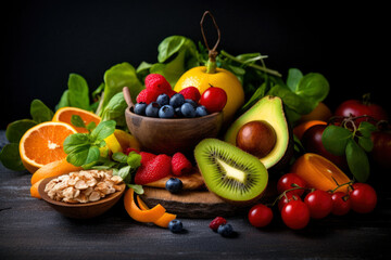Fototapeta na wymiar Delicious juicy fresh vegetables and fruits ready to eat, healthy eating concept, AI Generated