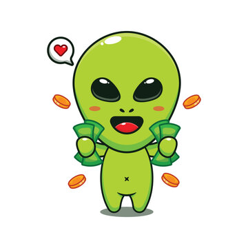 cute alien holding money cartoon vector illustration.