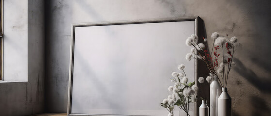 Loft,modern interior mockup with empty frame,decorative elements on concrete textured wall with bouquet flowers.Still life.Luxury hotel resort background. Vacation template.Minimal.Generative ai