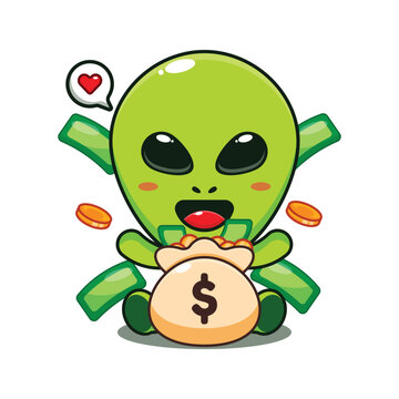 cute alien with money bag cartoon vector illustration.
