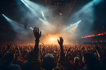 crowd of people dancing at concert - obrazy, fototapety, plakaty