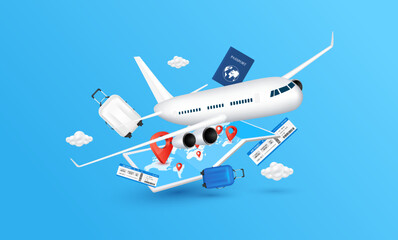 Airplane is taking float in the air with Air ticket passport luggage map and red location pin on a blue background. For advertising media about tourism. Travel transport concept. 3D Vector.