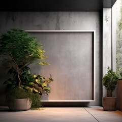 Loft, modern interior mockup with empty frame and decorative elements on concrete textured wall with green plants on on pot.Luxury hotel resort background. Vacation template. Minimal.Generative ai.