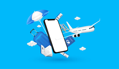 Luggage blue, passports air ticket smartphone and deck chair umbrella floating in the air. Airplane is taking off and cloud. For advertising media about tourism. Travel transport concept. 3D Vector.